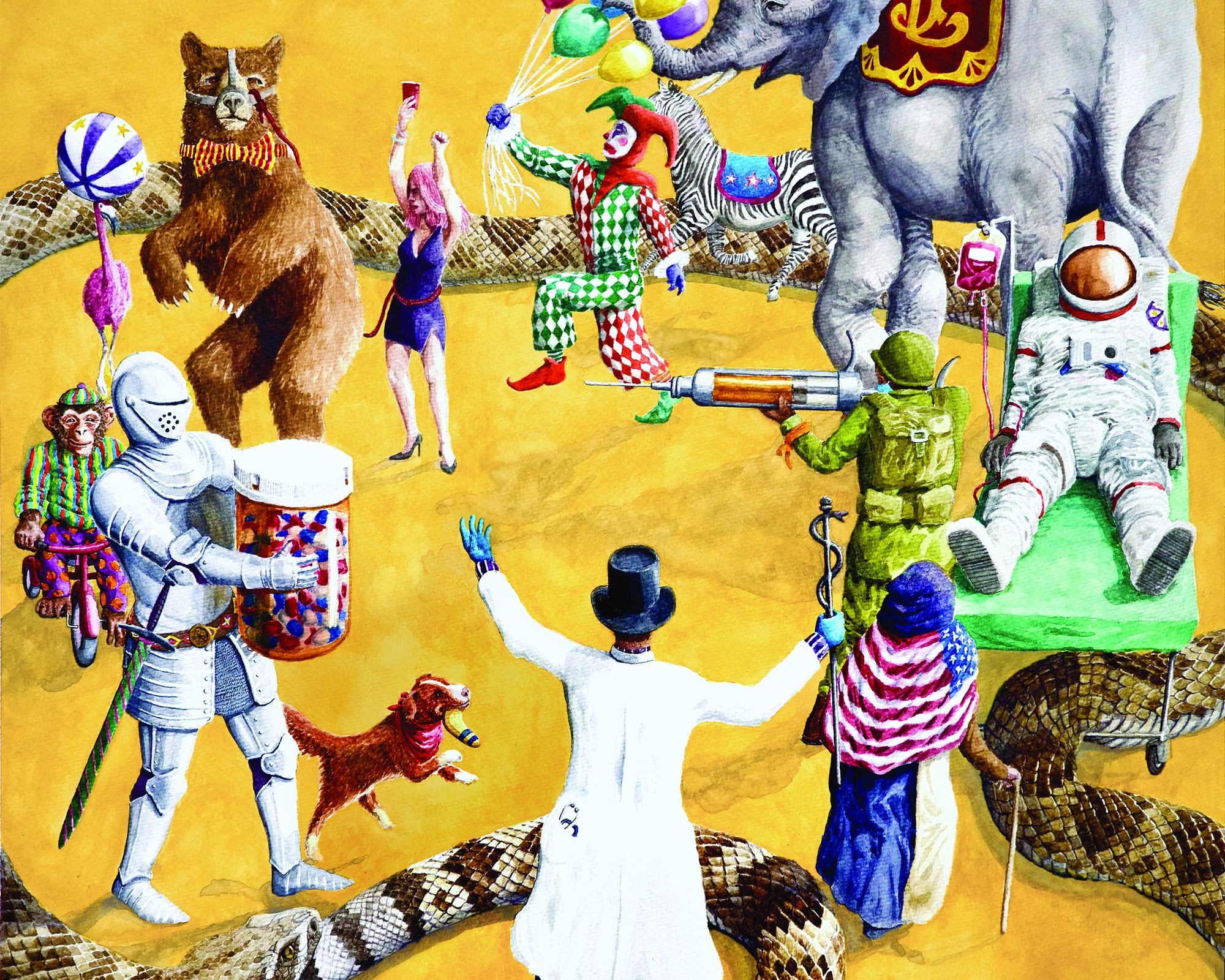 Rotations album artwork: a circus of animals, a clown, a knight, a soldier and an astronaut circling a doctor in a top hat